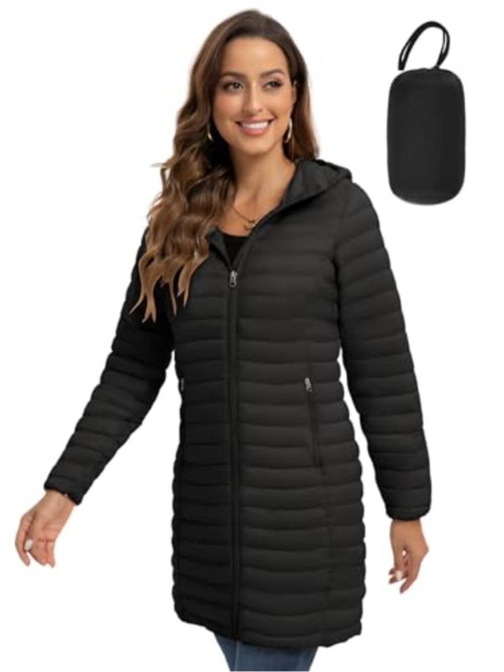Packable Puffer Jacket Lightweight Hooded Quilted Long Travel Coat